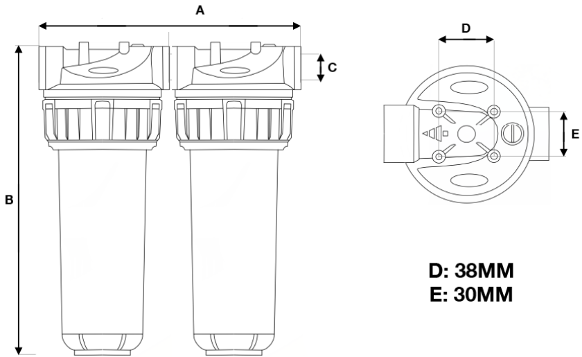3-piece Filter – Duplex - Schéma de dimensions