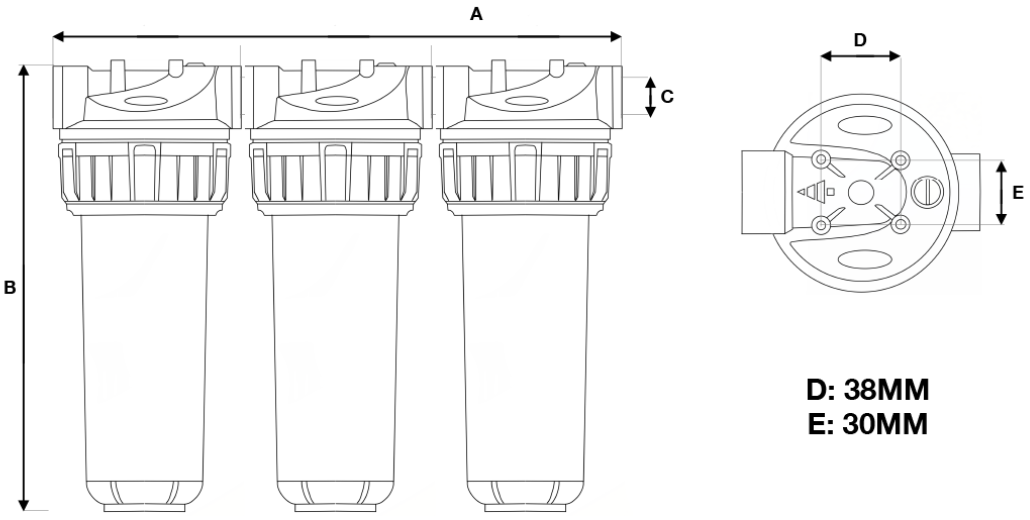 2-piece filter - Triplex - Schéma de dimensions